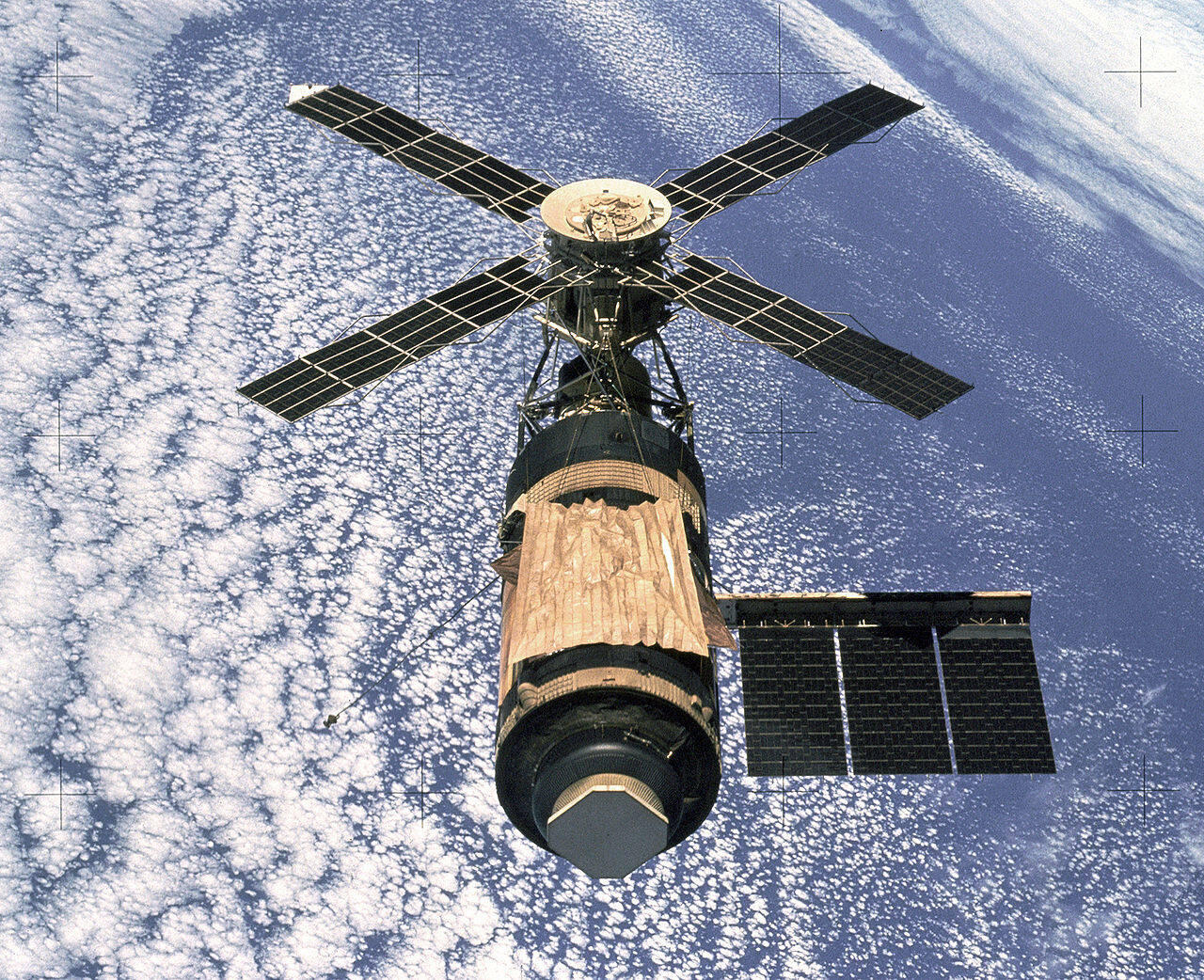 Skylab in orbit, photographed from departing Apollo crew